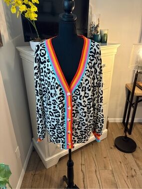 ANDREE BY UNIT Leopard Print Button-Up Cardigan with Colored Stripe Trim, 1X